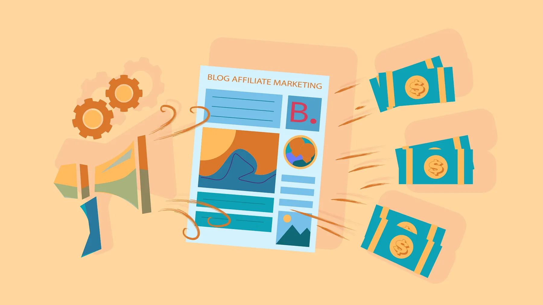 Illustration of an affiliate marketing blog post surrounded by a megaphone, gears and cash