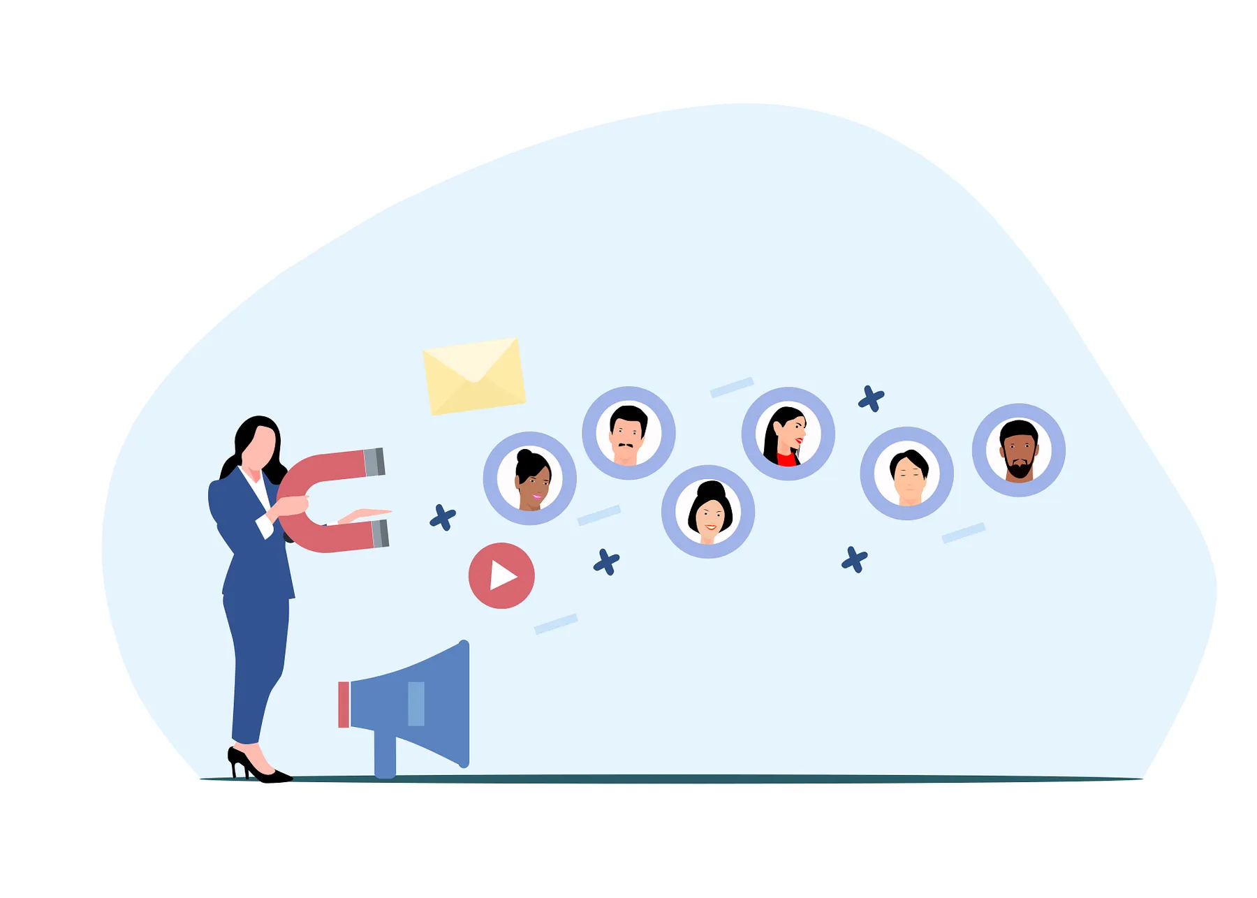 Illustration of a marketer using a magnet to attract an audience of users, emails and videos