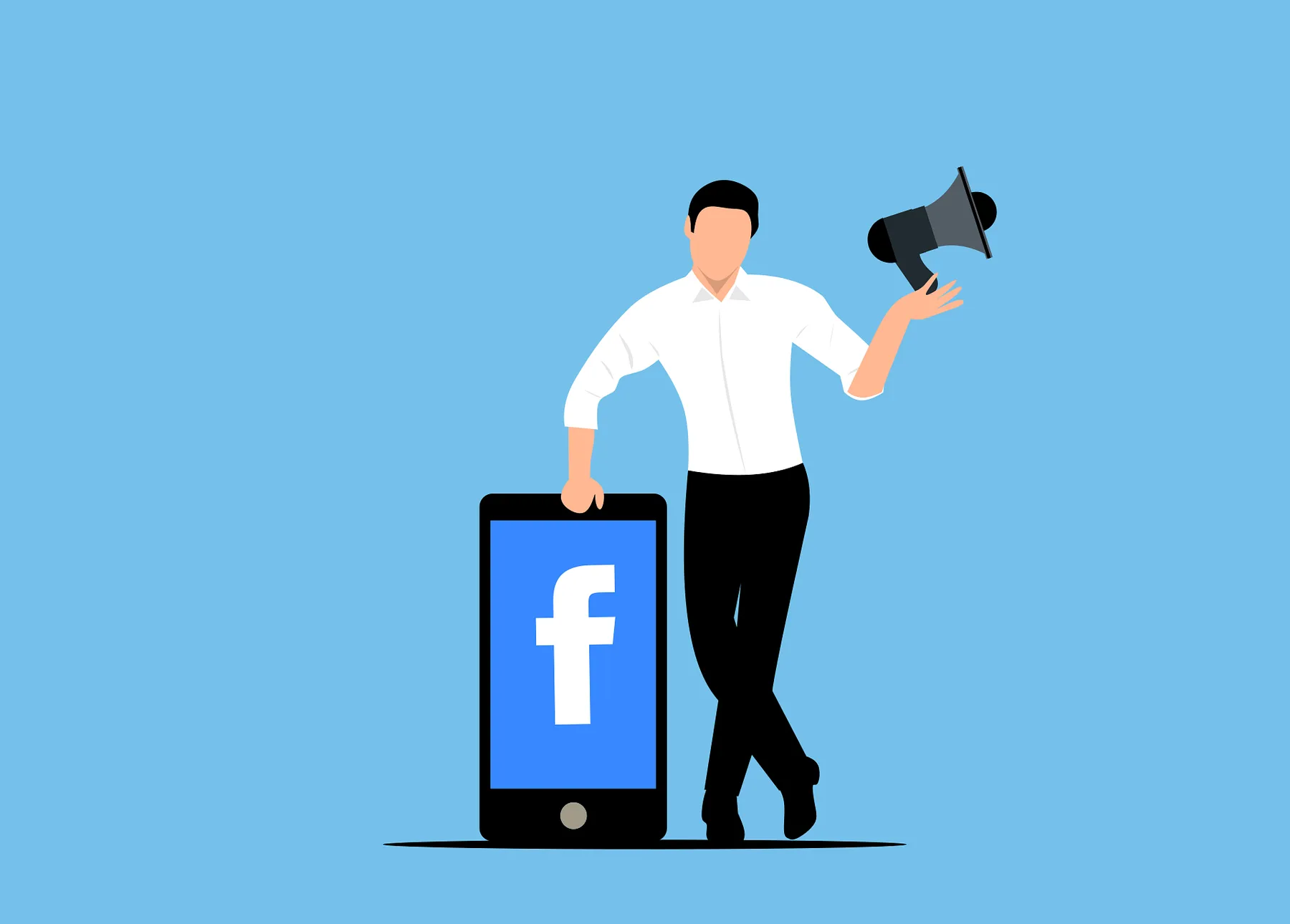 Illustration of a marketer with a megaphone leaning on a smartphone showing a social media logo
